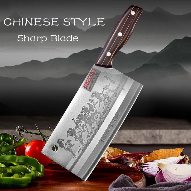 Meat Cleaver, 8 Inch Chinese Kitchen Knives 9CR18 Stainless Steel Full Tang Chef Butcher Professional Chopping Slicing Cooking Cutter