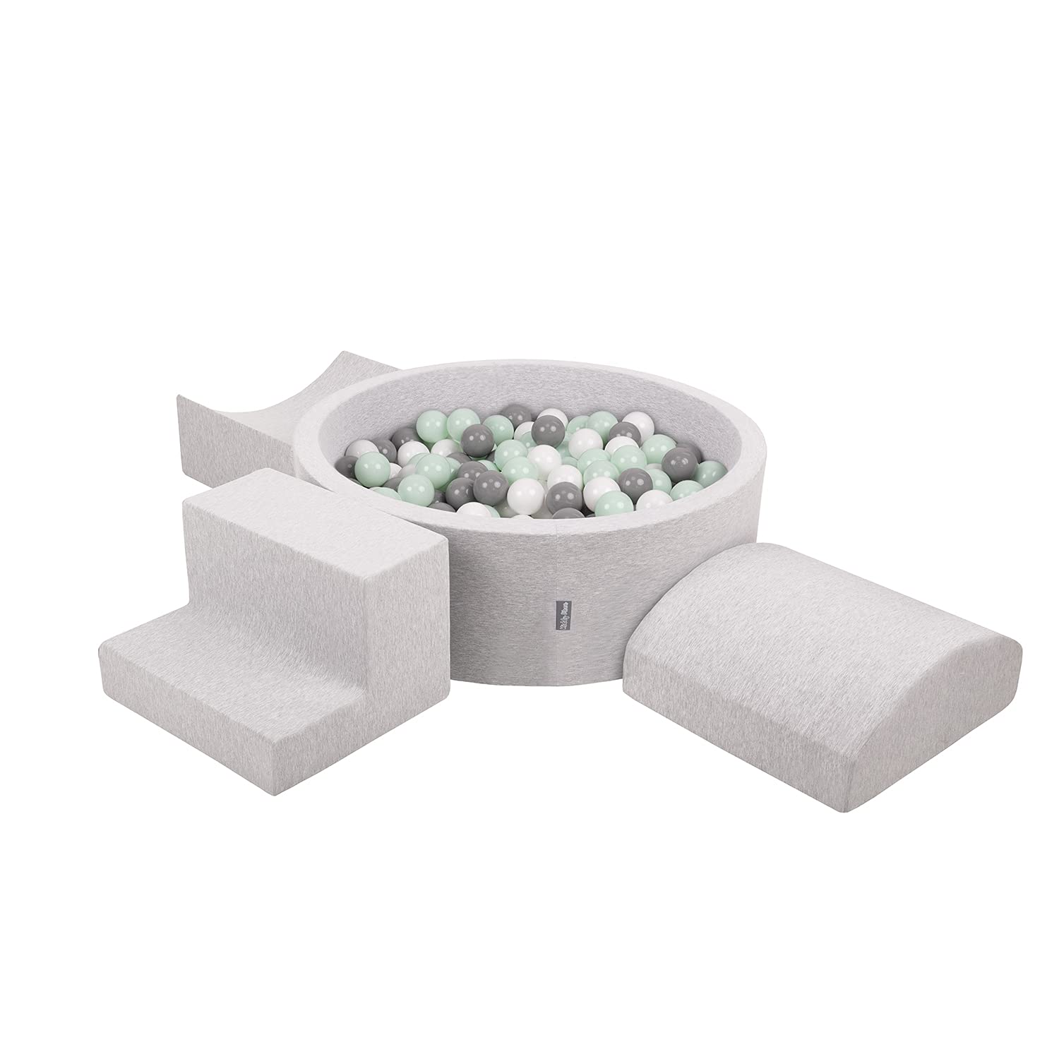 KiddyMoon Foam Playground For Kids With Round Ballpit (200 Balls) Obstacle Course, Lightgrey:White/Grey/Mint