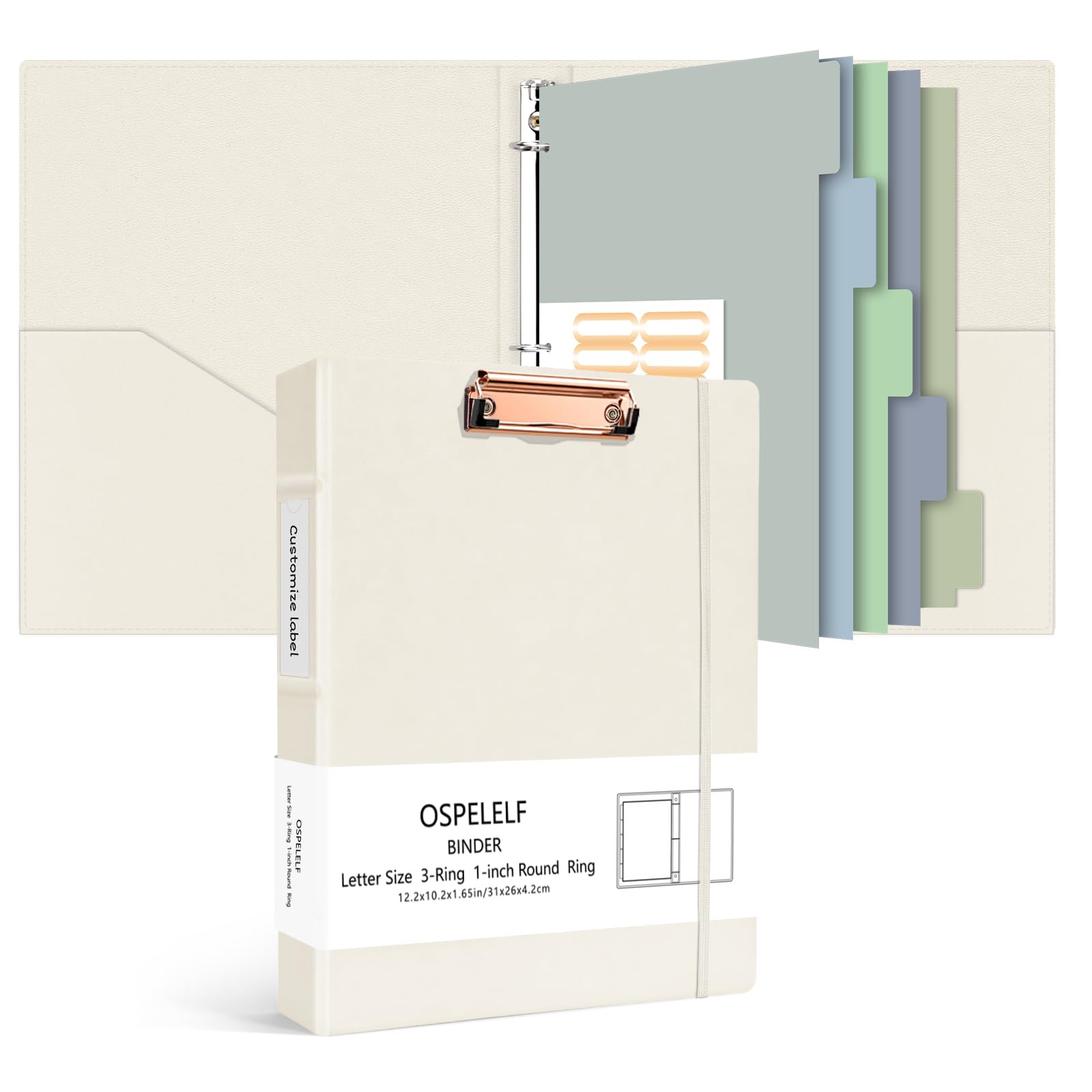 Ospelelf 3 Ring Binder 1 Inch Vintage Hardcover, Leather Binder Organizer for Letter Size, Professional Clipboard Binder Dividers with Tabs, Beige