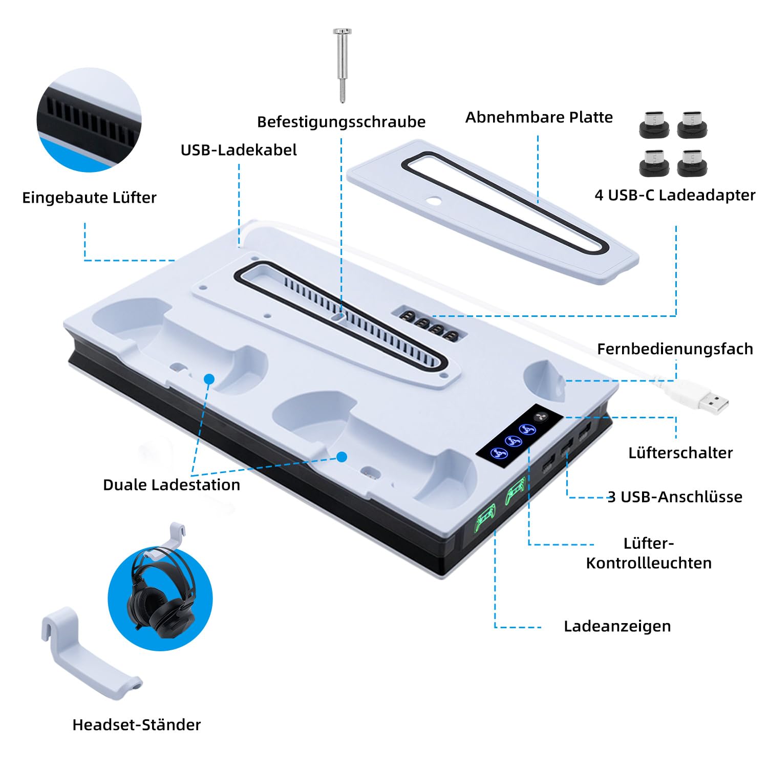 Mcbazel PS5 Pro/ PS5/ PS5 Slim Ladestation Ständer mit 3 Stufig Lüfter und Licht, PS5 Ständer Controller Ladestation LED Standfuß mit Magnet für PS5 Pro/PS5 /PS5 Slim UHD/Digital Edition - Weiß