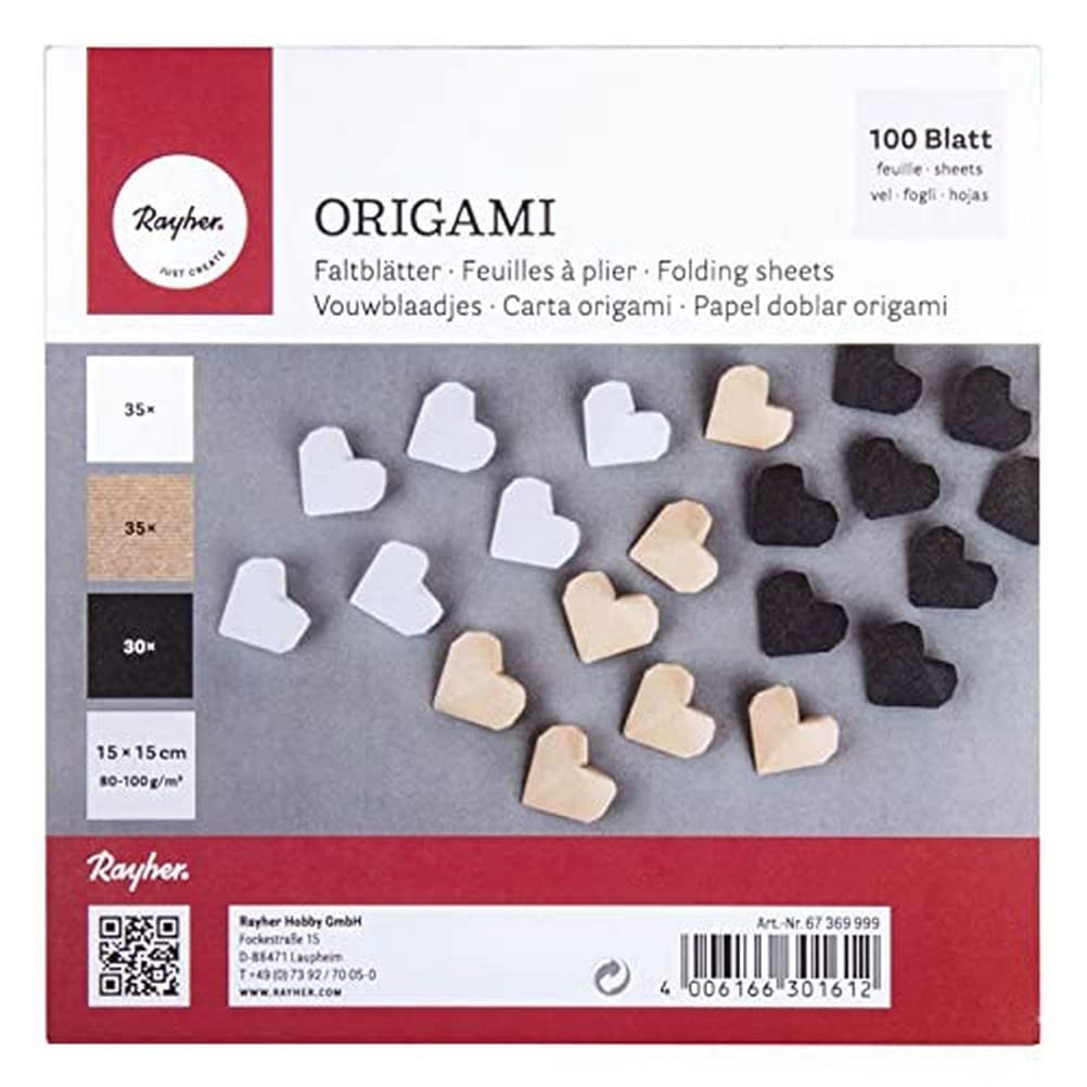 Rayher Origami Paper, Double Sided Origami Folding Paper Pack with 100 Sheets in Black, White and Natural Brown, 15x15cm, 67369999