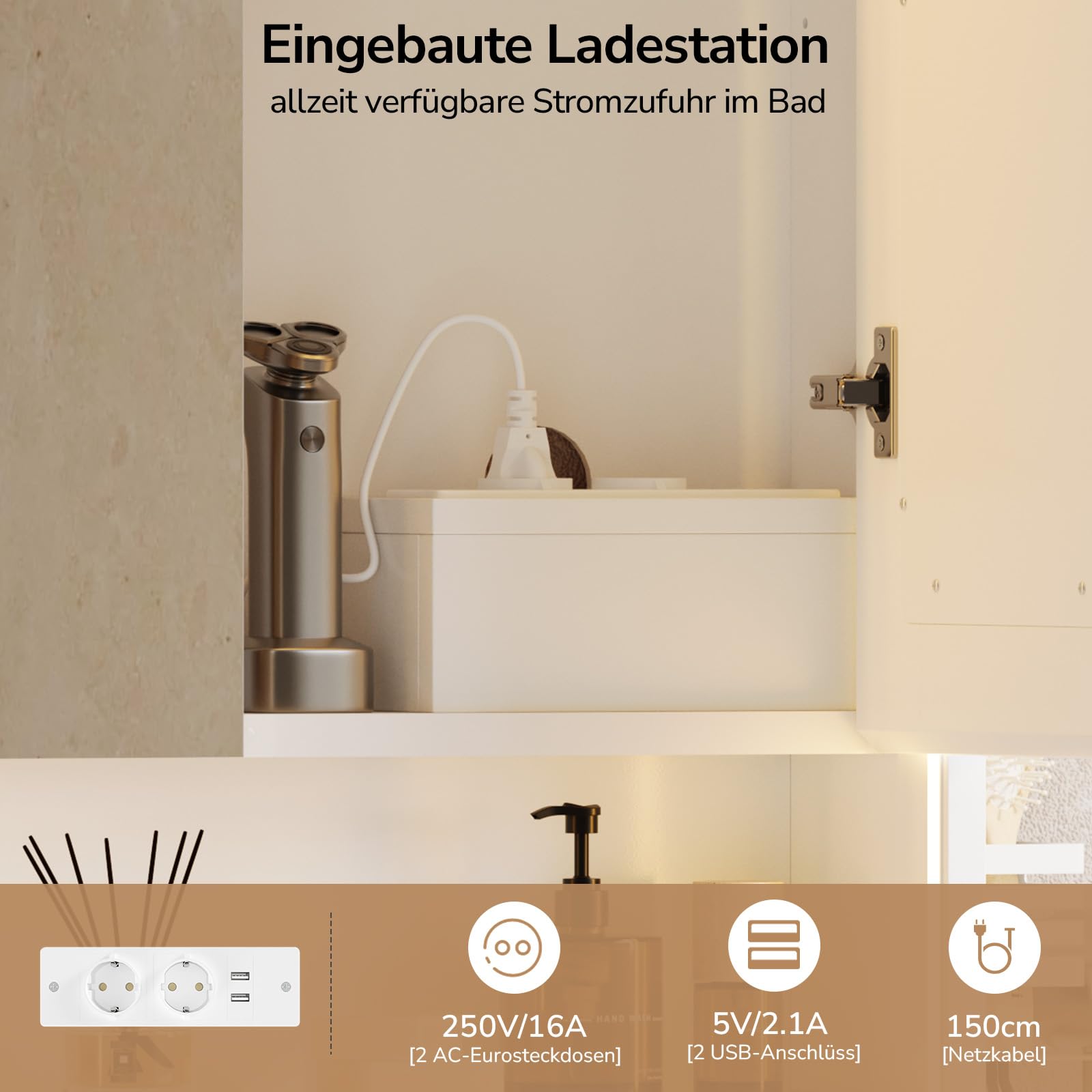 2-türiger LED-Spiegelschrank 80x78x18 cm, Steckdose, Touch-Sensor & 3 dimmbare Lichttemperaturen – inkl. Föhnhalter, Handtuchhalter & verstellbarem Einlegeboden – Weiß