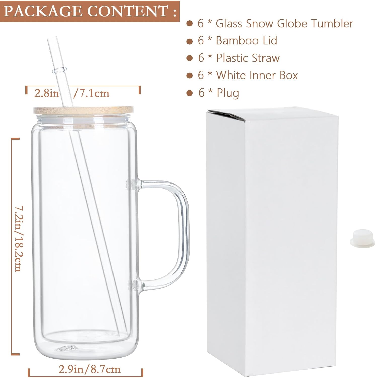 20 Oz Glass Snow Globe Tumbler with Handle, 6 Pack Pre-Drilled Double Wall Snowglobe Cup Coffee Mug for DIY Glitter Snow Globe, Outside 20 Oz Inside 16 Oz - Image 6