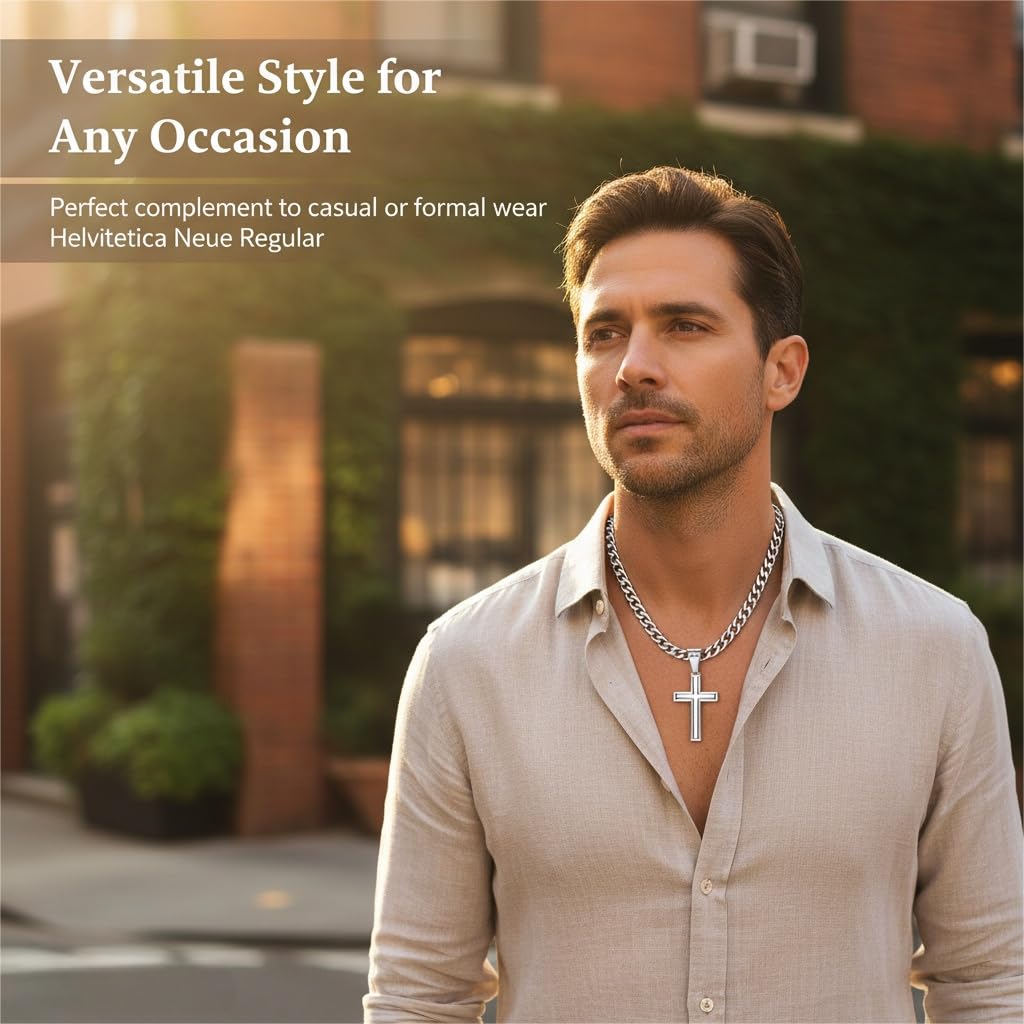 Besteel 925 Sterling Silver Cross Necklace for Men Women | 5mm 316L Stainless Steel Diamond-Cut Cuban Link Curb Chain, Beveled-Edge Religous Pendant Jewelry, 16-30'' Christian Baptism Gift