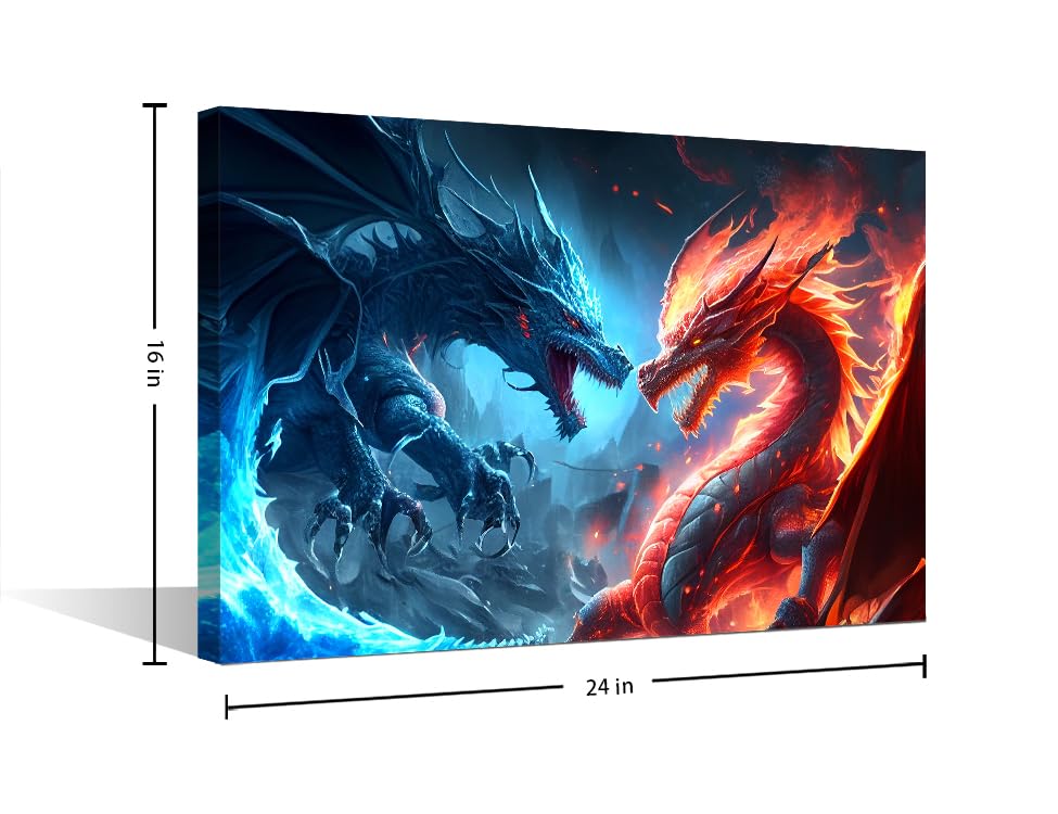 1 Pieces Dragon Poster Home Decor Ice Dragon Fighting with a Fire Dragon Artwork Canvas Paintings Dazzling Dragon Wall Art for Living Room Print on Canvas Framed Ready to Hang (16" Wx24 H - Image 2