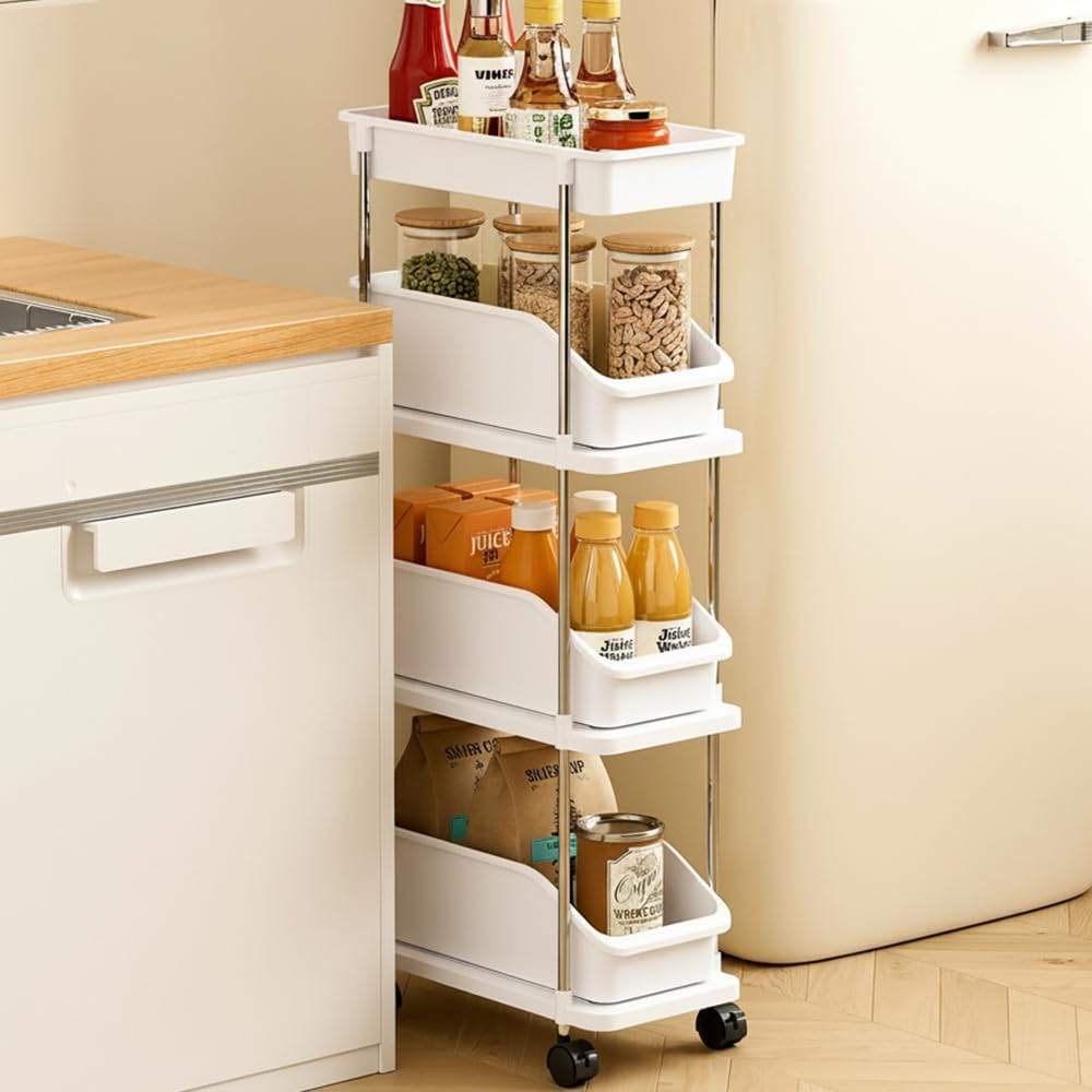 Slim Storage Cart 3 Tier Slim Rolling Utility Cart with Pull-Out Baskets & Wheels for Narrow Space in Kitchen Dining Room Bathroom Laundry Room Cream White (Width 6.3 Inches)