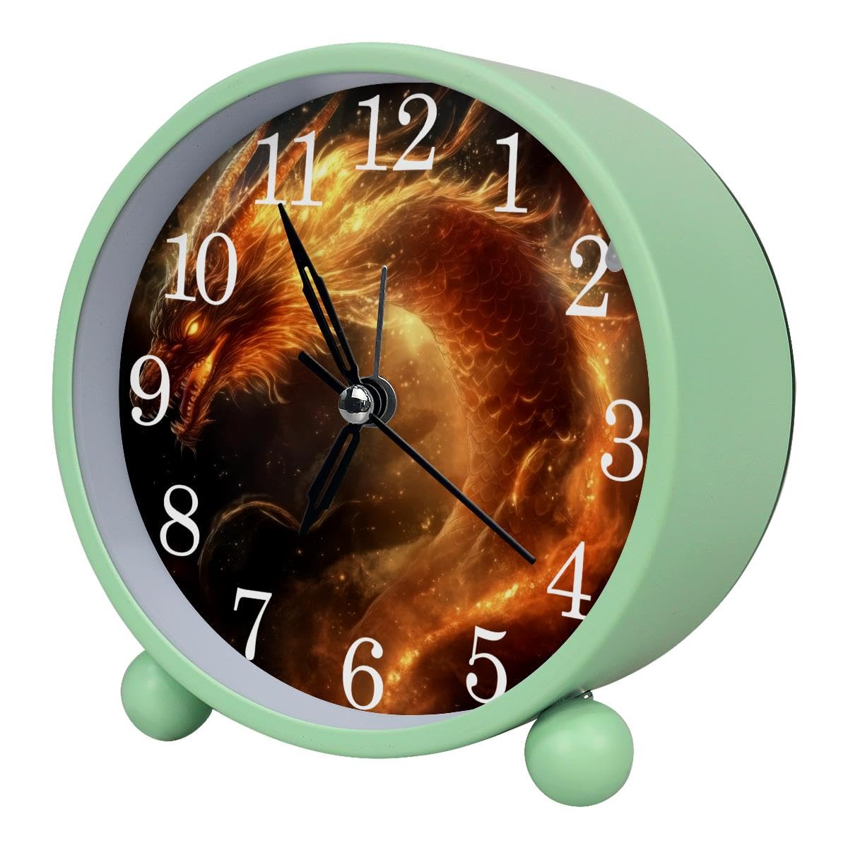Luoweisi Alarm Clock Dragon, Silent Non-Ticking with Night Light, Round Metal Alarm Clock for Office, Battery Operated, Bedroom, Elderly, Adults, Children, Student Gifts