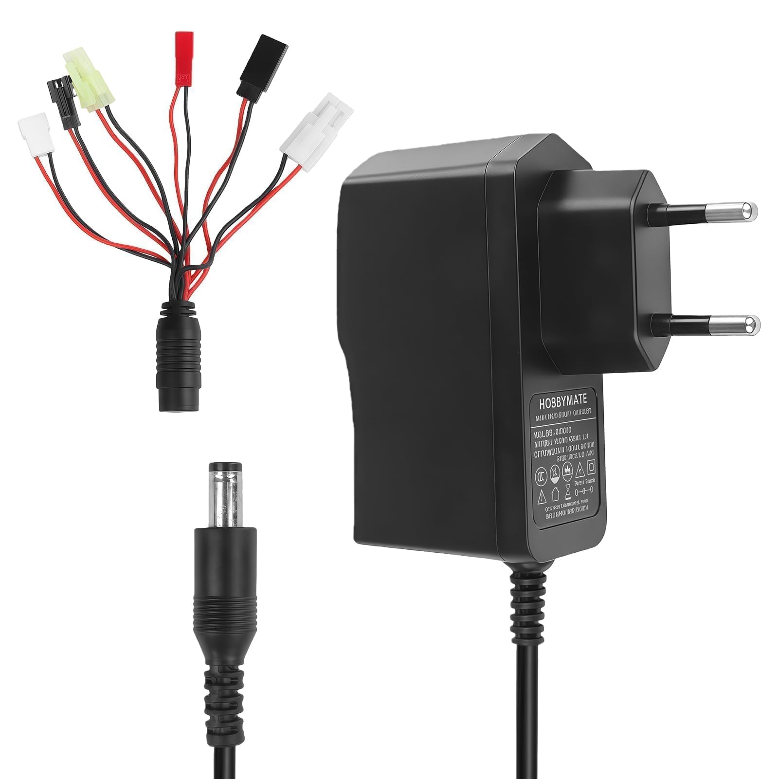 Chargeur Intelligent NIMH/NICD 2.4V-12V, Chargeur Voiture Télécommandée 6.4V 9.6V Carrera & Airsoft, Compatible Batterie RC avec 6 Connecteurs Tamiya, Tamiya Mini, JST, SM 2P, FUTABA, XH