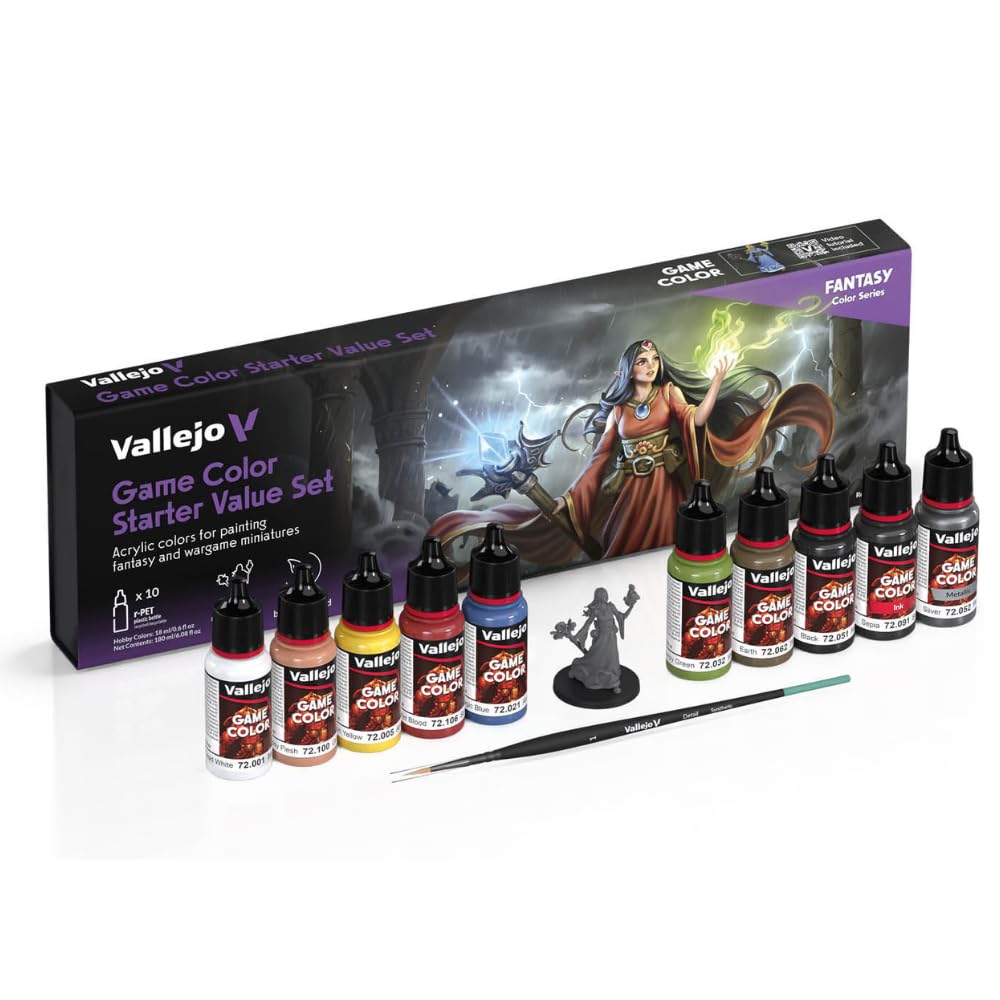 Vallejo Game Color Starter Value Starter Kit - Acrylic Miniatures Starter Kit - 10 Colors of 18 ml + Brush + Exclusive Miniature