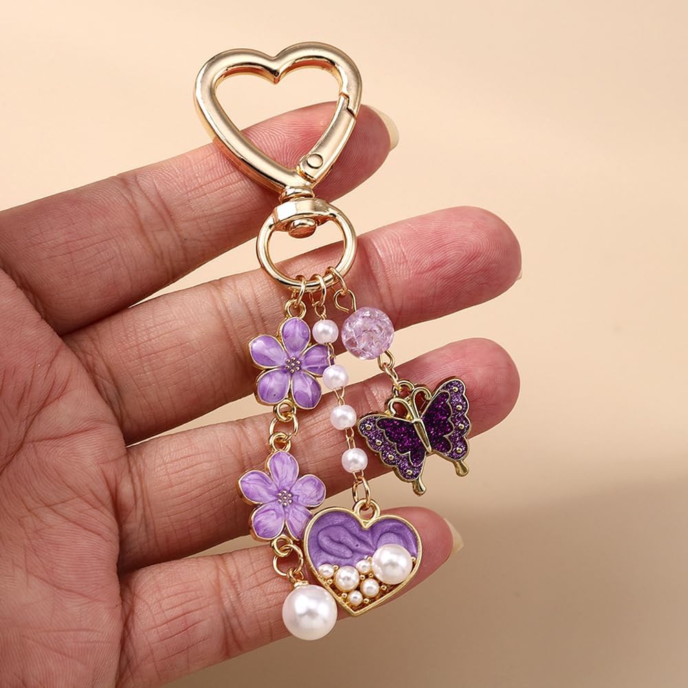 2Pcs Purple Pearl Butterfly Keychain Red Heart keychain Aesthetic Flower Bag Charm Cute Keychains for Women Phone Decorations Purse Charms for Handbags Phone Charm Womens Key Chians Backpack Charms - Image 6