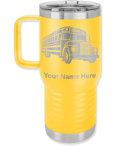 LaserGram 20oz Vacuum Insulated Travel Mug with Handle, School Bus, Personalized Engraving Included (Yellow)