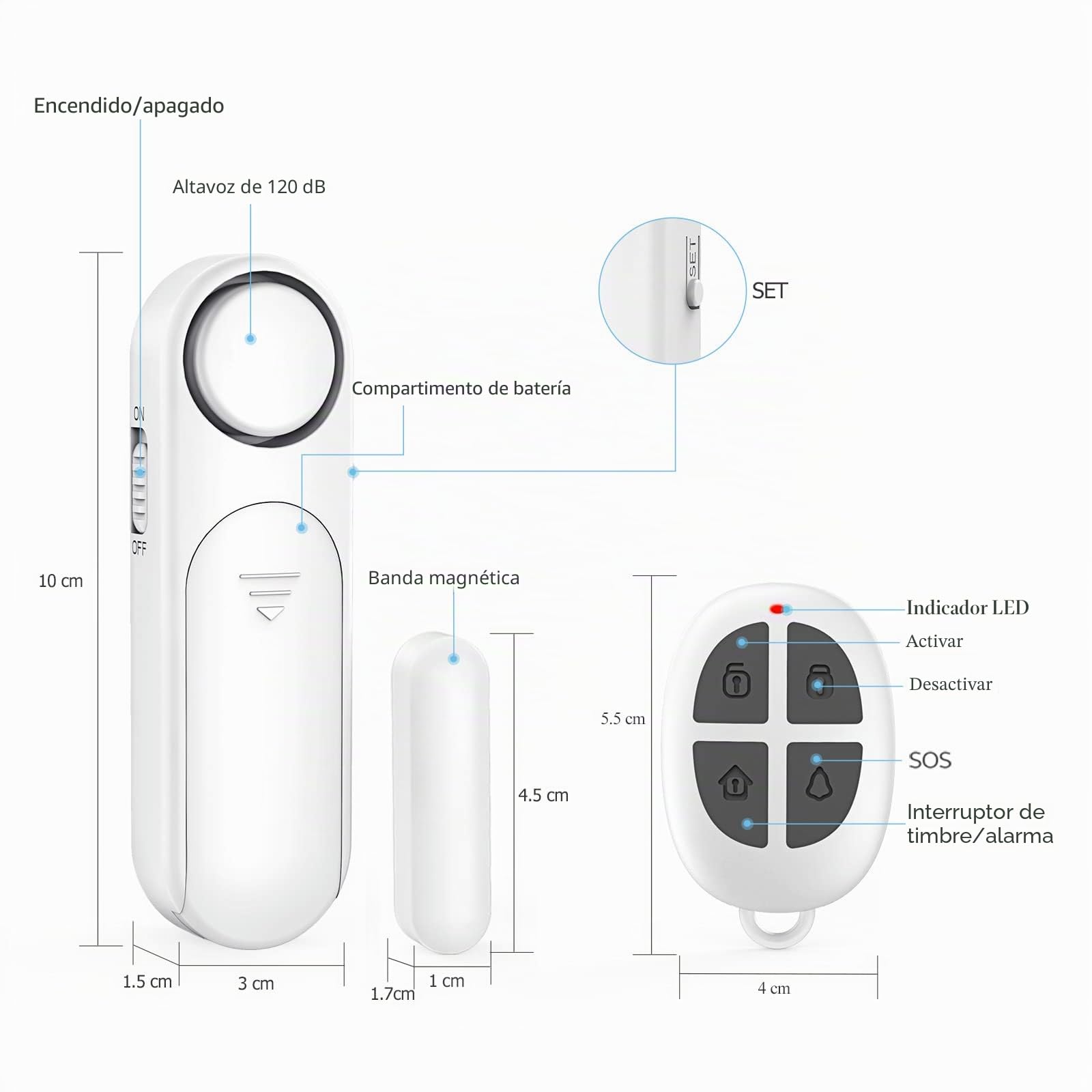 SECRUI Sensor de Alarma de Puerta, Alarma de Ventana inalámbrica con 2 Controles remotos, 120 dB Sensor con magnético, Sistema de Advertencia de Alarma de Seguridad para el hogar, Tienda, niños