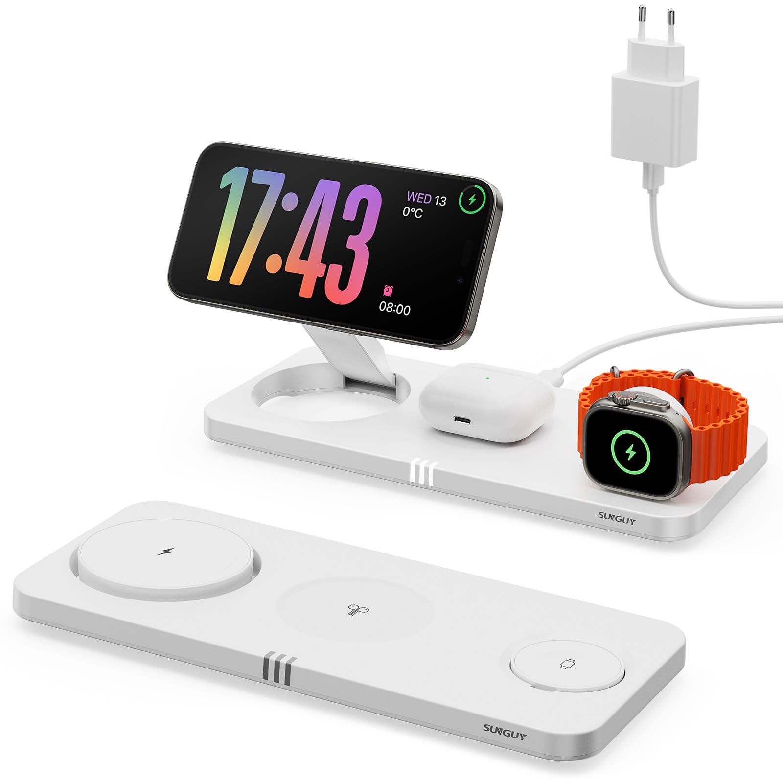 SUNGUY Bezprzewodowa ładowarka 3 w 1, indukcyjna stacja ładująca do Apple Watch i iPhone, przenośna stacja ładująca iPhone Apple Watch Airpods, biała (z zasilaczem USB-C i kablem)