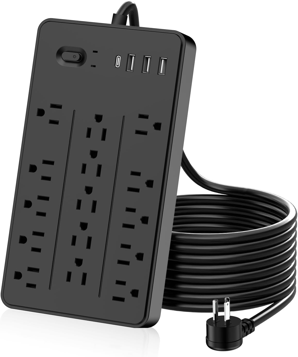 5 FT Flat Plug Surge Protector Power Strip,15 Multiple AC Outlets with 4 USB Ports (1 USB C), 5 Feet Extension Cord, 1625W/13A, One Touch Switch Button, 19 in 1 Compact Power Strip