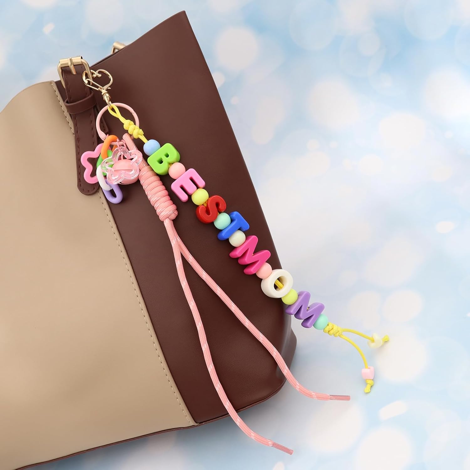 TTYY Colorful Letter Bead Charm Keychain with Adorable Bell Star Key Ring Gift For Grandma Bag Pendant Keyring - Image 5