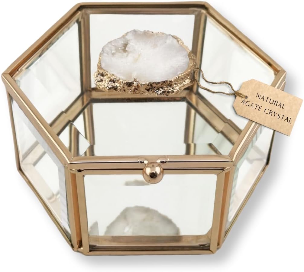 Nikita By Niki Luxury Glass Jewellery Box - Hexagonal Gold Glass Box - Natural Agate Crystal Lid - Practical Jewellery Organiser - MirroredBox for Women