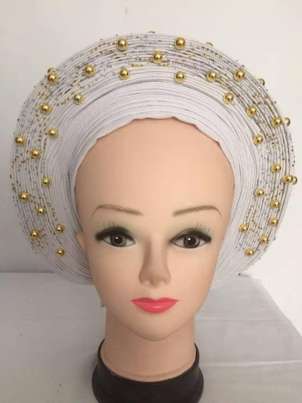 Nigerian Gele Headwear with Stone Beads Already Made Auto Turban Wide Brim Headwear Sego Gele Headtie for Women