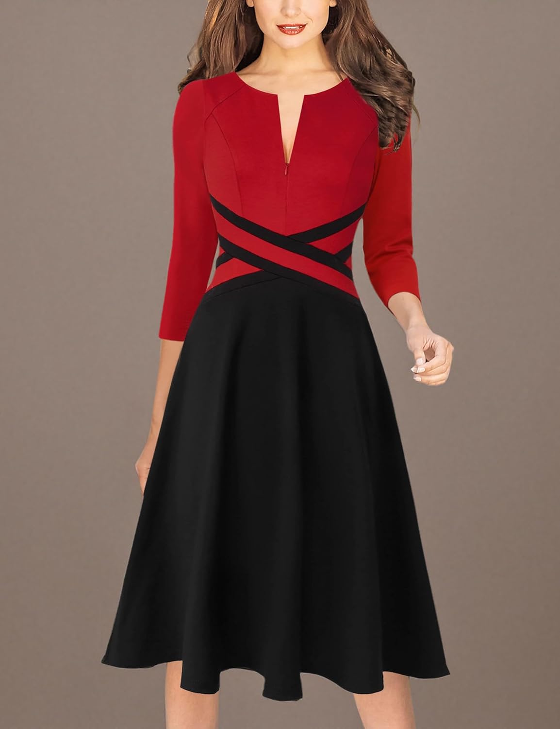 VFSHOW Womens Patchwork Colorblock Work Business Office Elegant Zipper up Slim A-Line Skater Dress