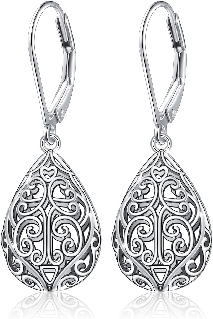 925 Sterling Silver Filigree Dangle Drop Earrings Daisy/Lotus/Rose Flower/Moonstone Leverback Teardrop Earrings for Women Infinity Celtic Knot Daisy Lotus Jewelry for Mothers Day