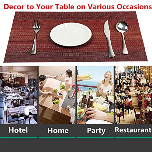 Image of Placemats, Washable PVC Table Mats, Woven Vinyl Placemat for Dining Table Place Mats Set (6 placemats and 1 Table Runner, Wine Red)
