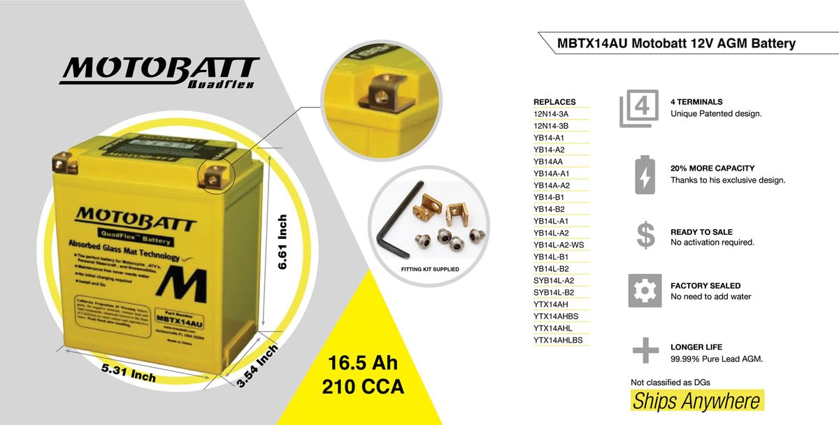 Batteria MotoBatt MBTX14AU 12V 16,5Ah AGM Precaricata Sigillata ? Alta Potenza, 135x90x168 mm, Senza Manutenzione per Moto e ATV