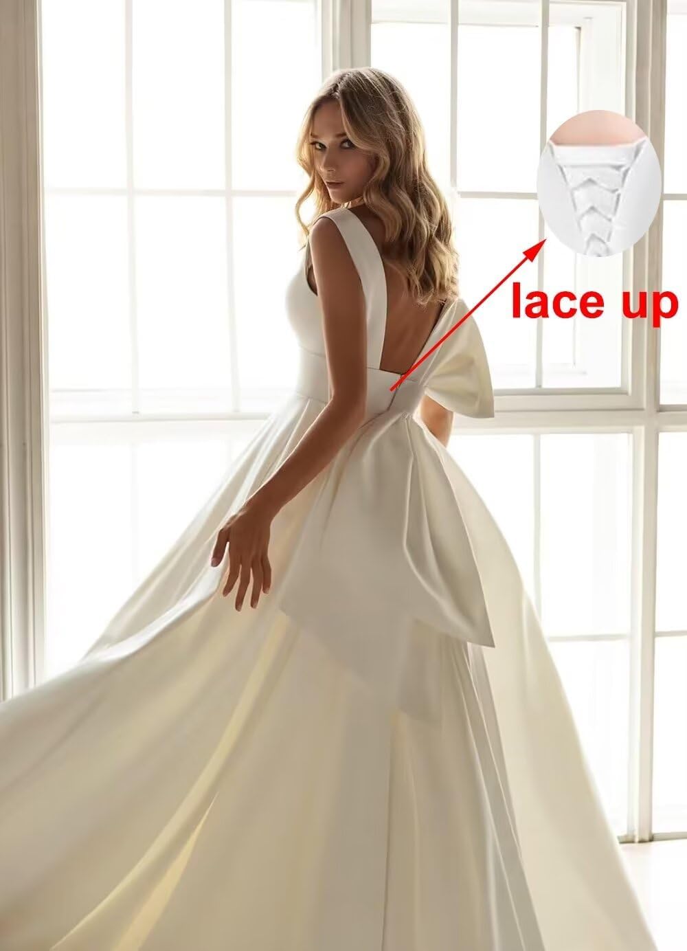 Women’s Satin Wedding Dress for Bride 2024 A Line Sleeveless Long Train Bridal Dress with Bow Formal Dress