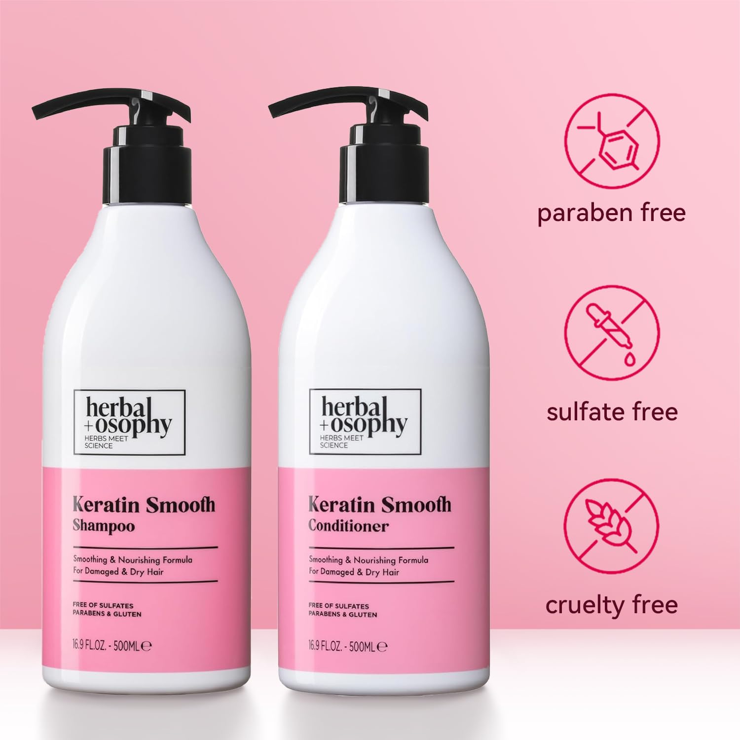 Herbalosophy Keratin Shampoo & Conditioner Set, Nourishing & Moisturizing Formula for Damaged & Dry Hair, Highly Hydrate & Repair for Color Treated Hair, Sulfate,Parabens & Gluten Free, 2 x 16.9 Fl Oz - Image 5