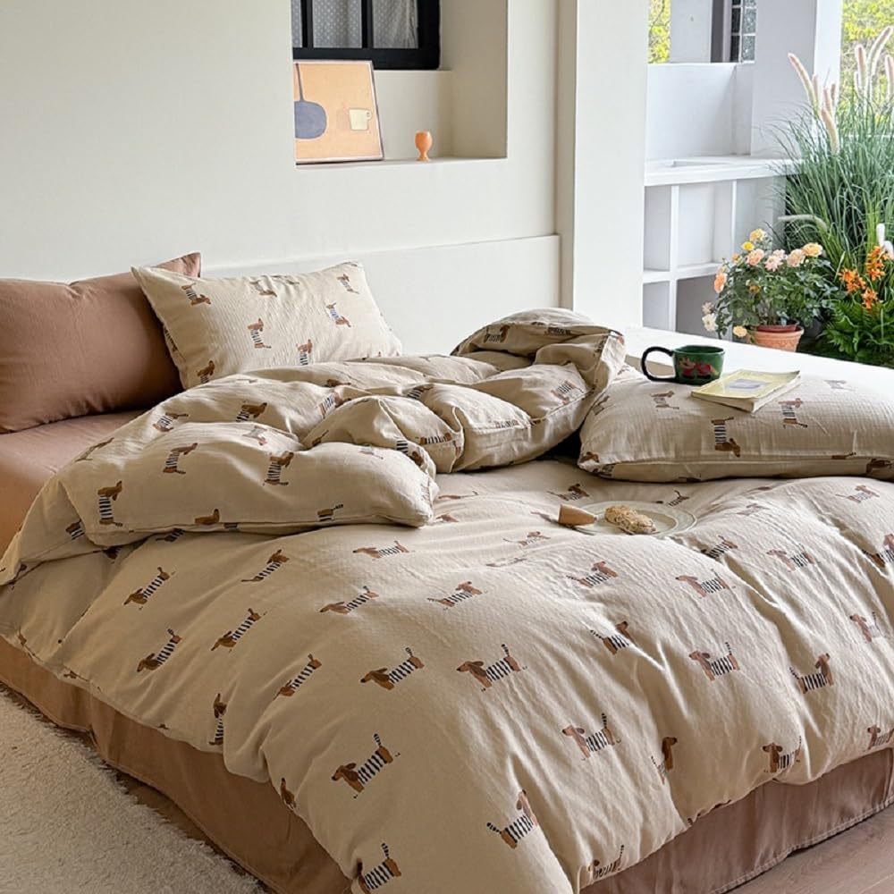 Lanqinglv Ropa y cama de 220 x 240 cm para niña, perro salchicha, marrón claro, marrón, ropa de cama infantil de microfibra, juego con certificado Öko-Tex, funda nórdica