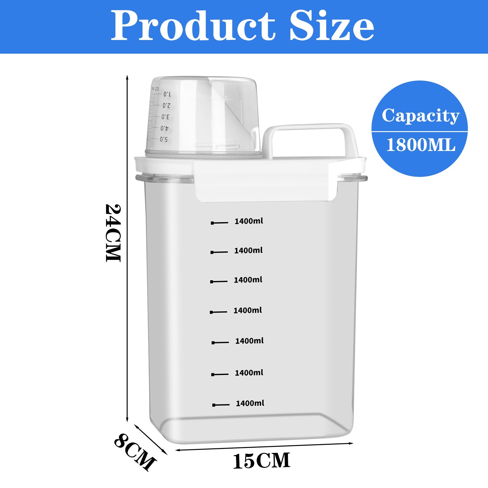 2 Pezzi 1800ML Dispenser Detersivo Lavatrice con Misurino, Ermetico Contenitori Detersivi Lavanderia, Dosatore per Detersivo e Detersivo in Polvere, Contenitore per Cereali Zucchero Muesli