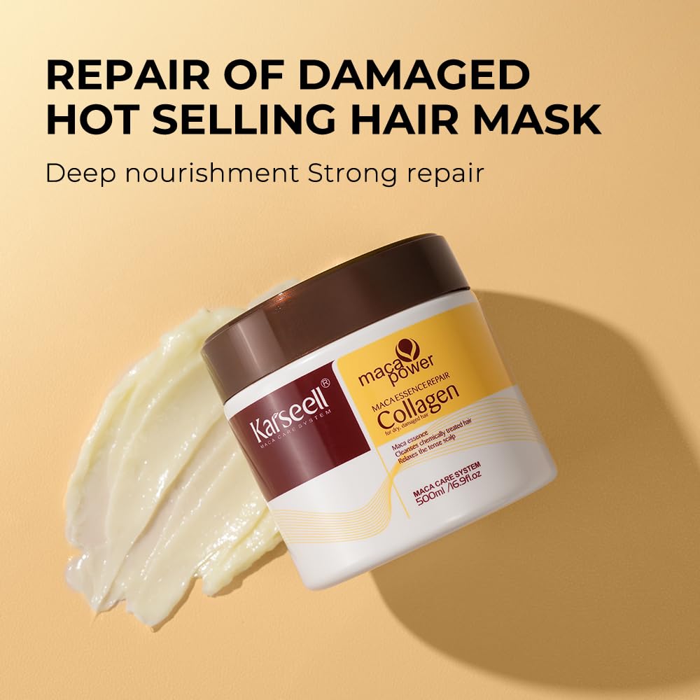 Karseell Collagen Masque Cheveux et Huile Cheveux, Maca Essence Set de Réparation pour Cheveux Secs et AbiméS Tous Types de Cheveux, 500ml +50ml