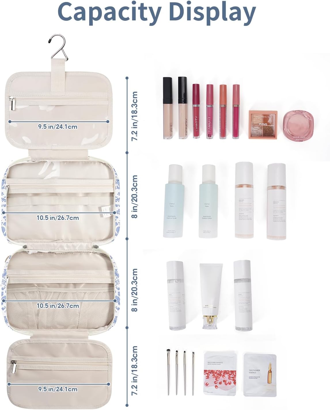 Narwey Hanging Floral Toiletry Bag for Women Travel Makeup Bag Organizer Toiletries Bag for Travel Size Essentials Accessories Cosmetics (Little Blue Flower (Medium)) - Image 3