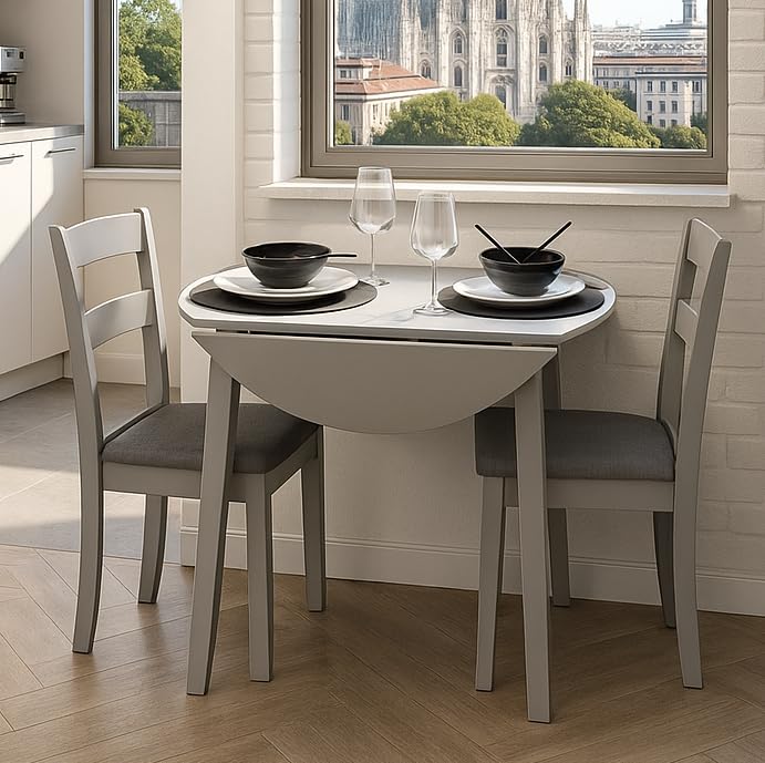 Homely - Conjunto de Comedor Dallas Grey | Mesa de Cocina Redonda Extensible de 90 cm (17,5/55 / 17,5) cm. | Mesa con 2 alas abatibles | 2 sillas de Cocina/Comedor de Madera Lacado en Gris
