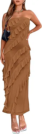 BTFBM Women Summer Elegant Strapless Midi Ruched Bodycon Dress Solid Color Stretch Mesh Slim Party Cocktail Dresses