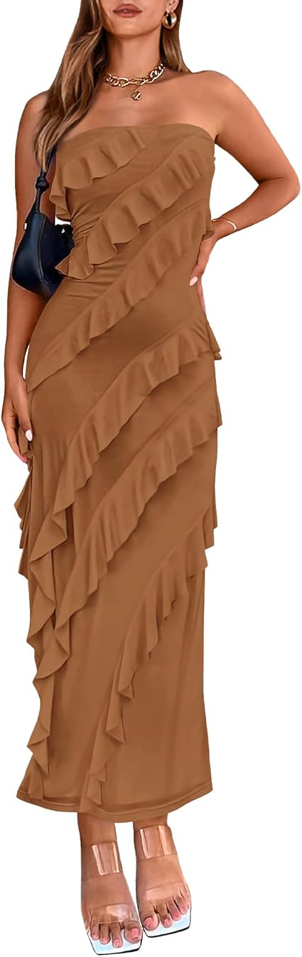 BTFBM Women Summer Elegant Strapless Midi Ruched Bodycon Dress Solid Color Stretch Mesh Slim Party Cocktail Dresses