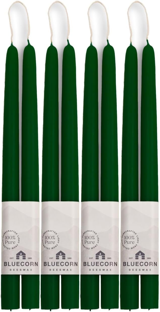 Bluecorn Beeswax Taper Candles, 100% Pure Natural Bees Wax, Pair of 12 Inch Yellow Tapered Candlesticks, Clean Burning & Dripless, Fragrance Free, Long Lasting, Home Decor, American Made, 8 Pack