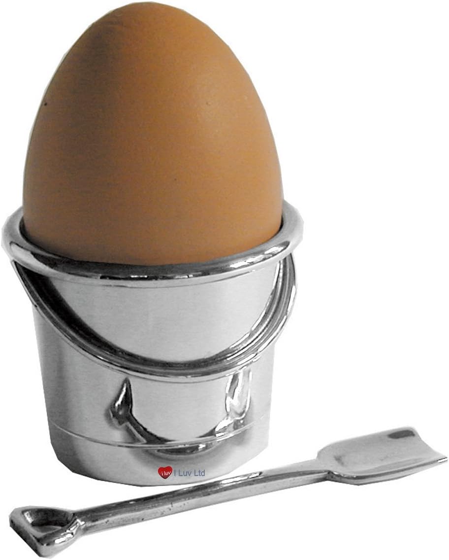 Child's Egg Cup and Spoon in Pewter Beach Bucket and Spade Quirky Pewter Egg Cup Kitchen Accessories Perfect for Engraving on The Back with Child Name