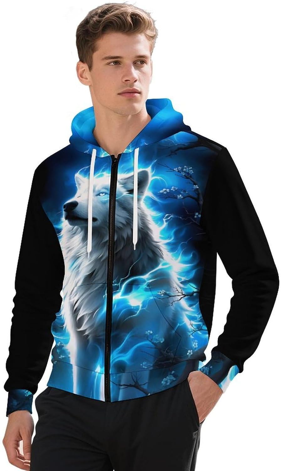 Men's 3D Galaxy Wolf Printed Zip Up Hoodie Long Sleeve Casual Cool Pullover Sweatshirts