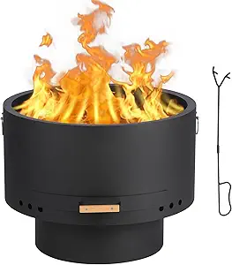 Garvee 26 Inches Smokeless Fire Pits, Wood Burning Firepits with Fire Poker, Outdoor Portable Fire Pits with Removable Ash Pan and Hardwood Top, Backyard Fireplace for Camping, Picnic