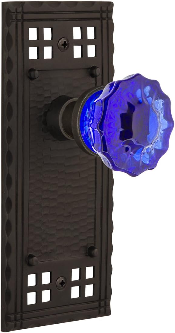 Nostalgic Warehouse 724306 Craftsman Plate Privacy Crystal Cobalt Glass Door Knob in Oil-Rubbed Bronze, 2.375