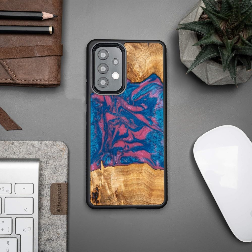 Funda de madera hecha a mano compatible con Samsung Galaxy A53 5G, NEONS: diseño Vegas, madera auténtica y resina, marco de silicona TPU, resistente a los golpes, único