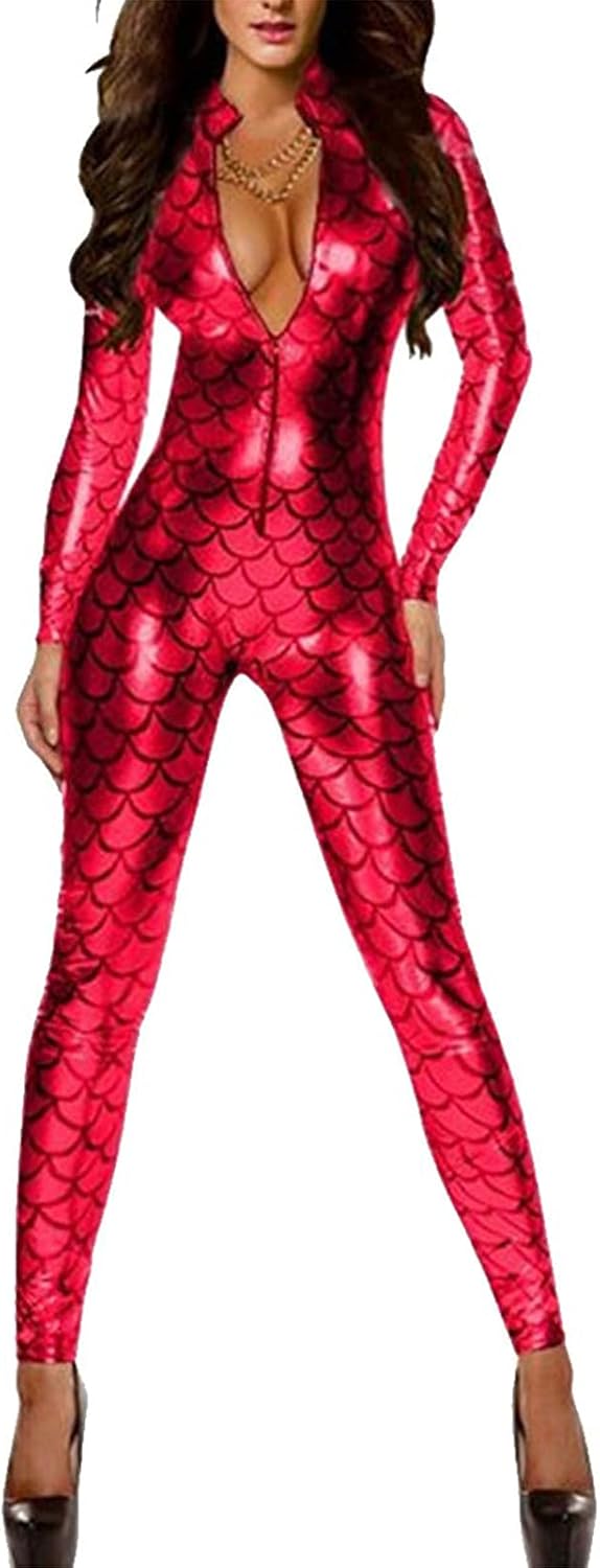 ZSQBQ Women Sexy Snakeskin Jumpsuit Party Costumes Lingerie Bodysuit Tights Bodysuit Halloween Wetlook Clubwear