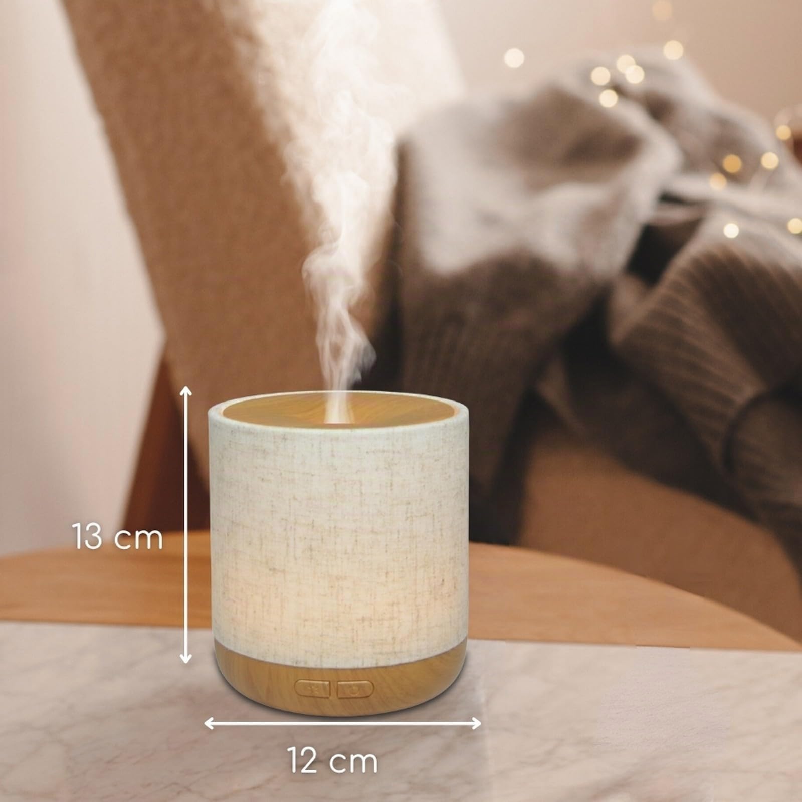 Zen'Aroma Difusor ultrasónico Alesia - Difusión de Aceite Esencial en frío Aromaterapia - Diseño Original, Carcasa de Lona de Lino y Revestimiento de Color Madera - difusión + iluminación