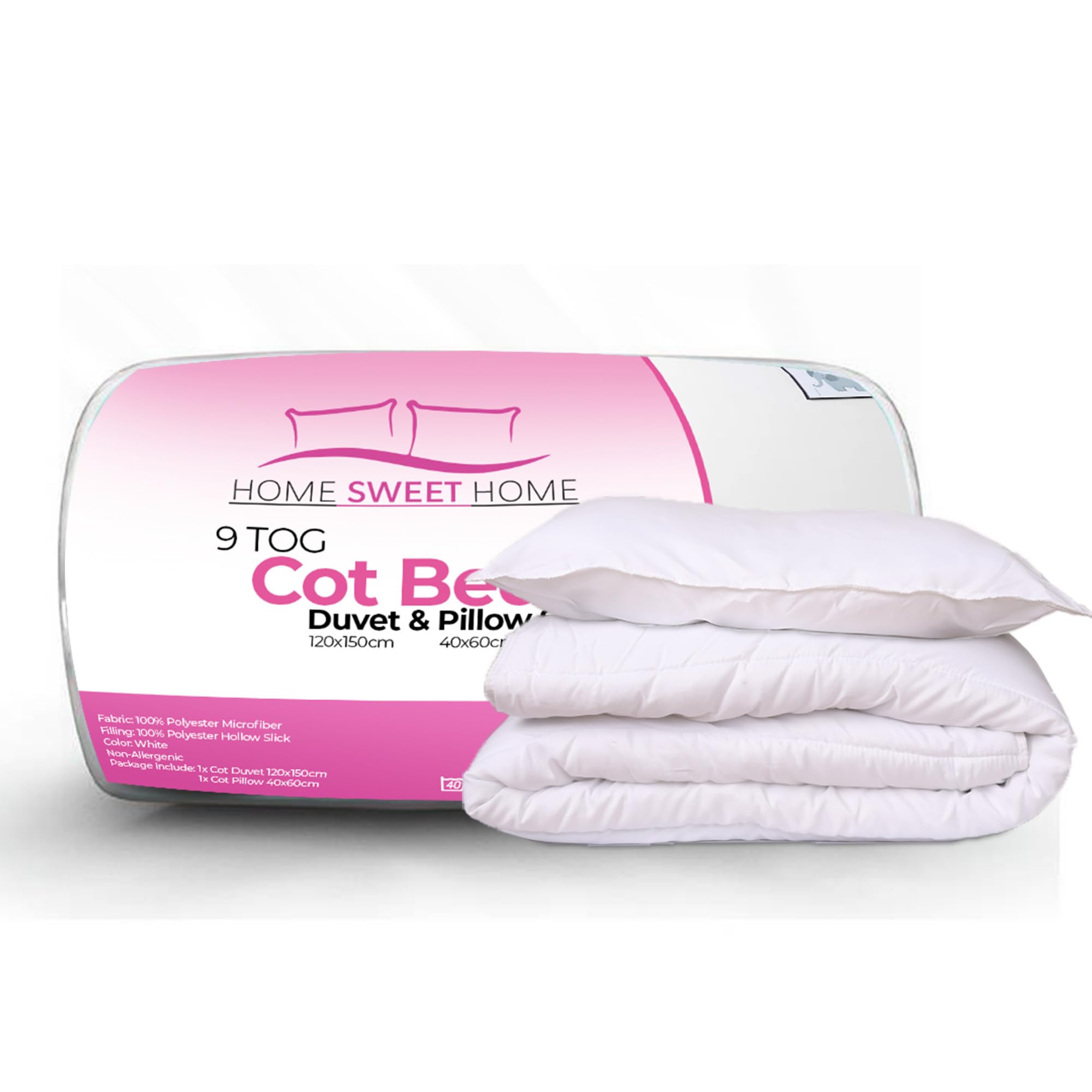 Home Sweet Home Uk White Anti Allergy 9 Tog Toddler Cot Bed Duvet And Pillow Set - 100% Microfiber Cotbed Duvet(120X150cm) And Pillow(40X60cm) Set - Machine Washable Soft Touch Toddler Pillow And Duvet Set