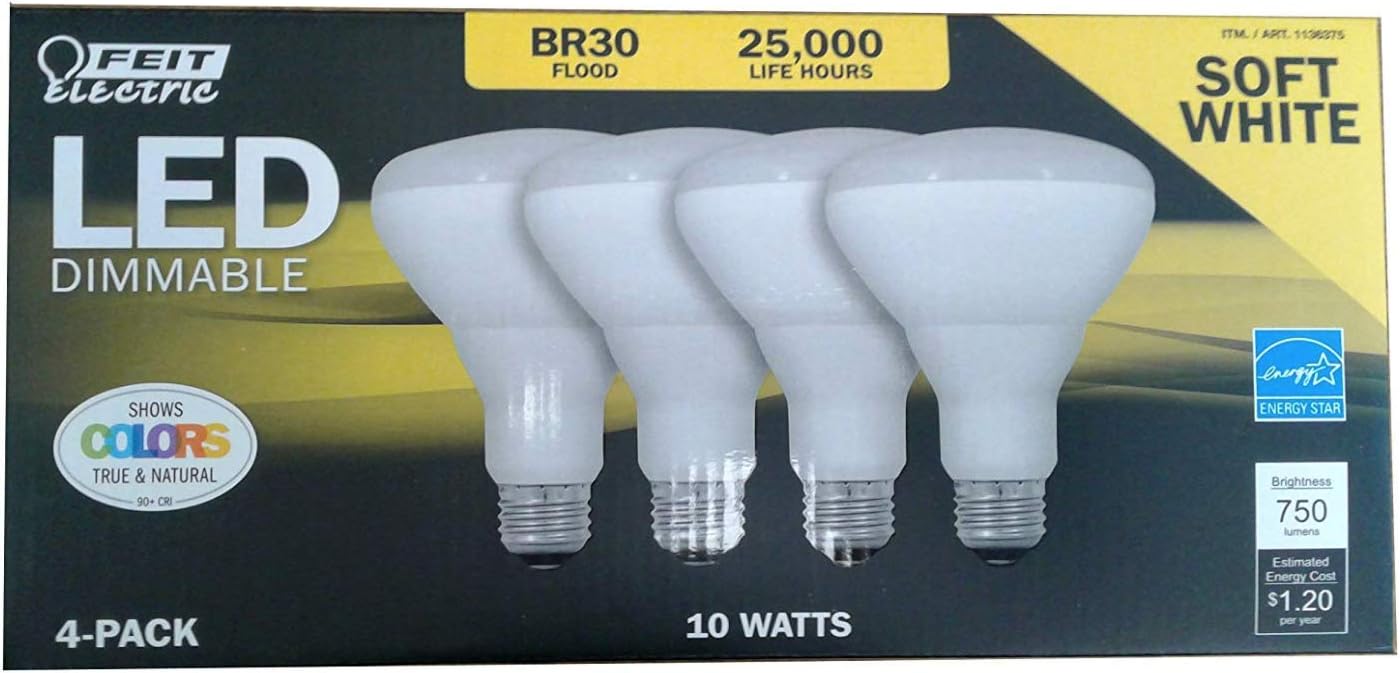 Feit LED Dimmable BR30 Flood Soft White Bulbs 65 Watts, Uses 11.5 Watts, 4 Pack