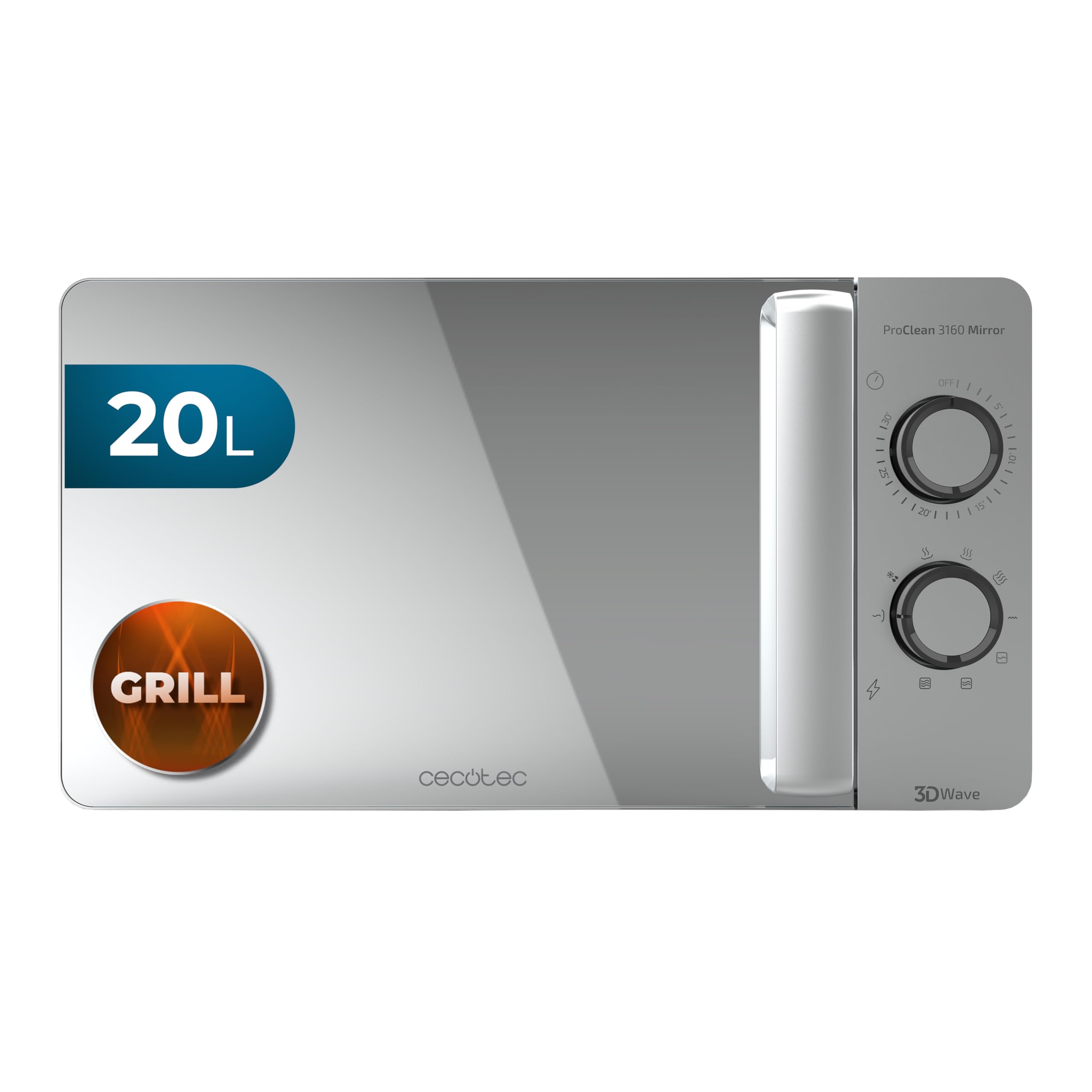 Cecotec Mikrowelle Proclean 3160 Mirror, 20 L, 700 W, Grill | 800-W-Grill, Ready2clean, 3Dwave, 6 Leistungsstufen, 3 Kombimodi, Auftauen, 30-Min.-Timer Und Endsignal