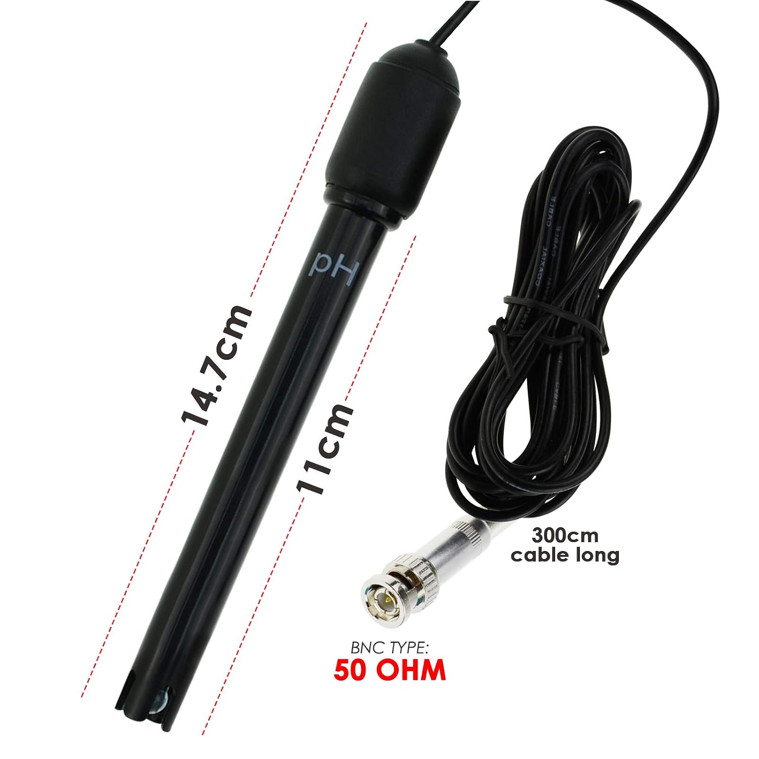 Long Body pH Electrode with BNC Socket Probe 300cm Cable 0-14pH for pH Meter, pH Controller pH Device Economical Sensor