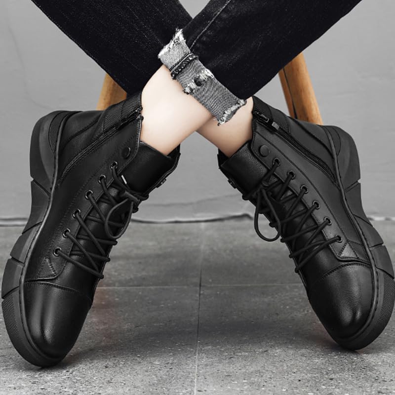 RiceelSor Men Ltalian High-top Leather Boots Side Zipper Waterproof Non-slip Round Toe Shock-absorbing Softsole Business Warm Velvet Chukka Ankle Booties2