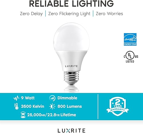 Miniatura 7 de LUXRITE Bombilla LED A19 equivalente a 60 W, 3500 K blanco natural, 800 lúmenes, bombillas LED estándar regulables de 9 W, clasificación de