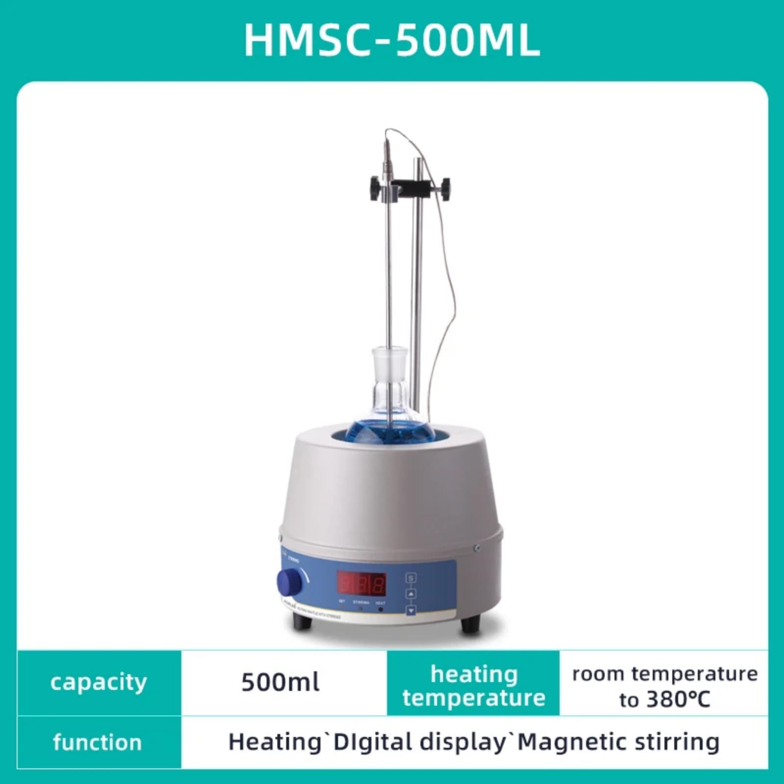 Manto calefactor eléctrico con pantalla digital, temperatura máxima de 380 °C, agitador magnético, para uso en laboratorio de 250-2000 ml
