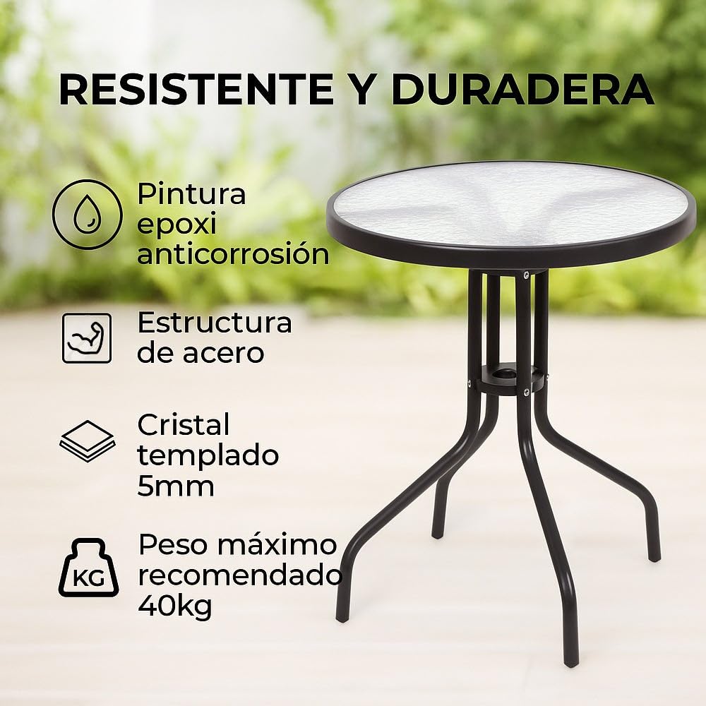 LOLAhome Mesa de jardín de Acero y Cristal Templado | De Ø 60 cm | Pintuta Color Antracita con epoxi Anticorrosión | Resistente y Duradera | Balcón, Terraza o Jardín | Trivia